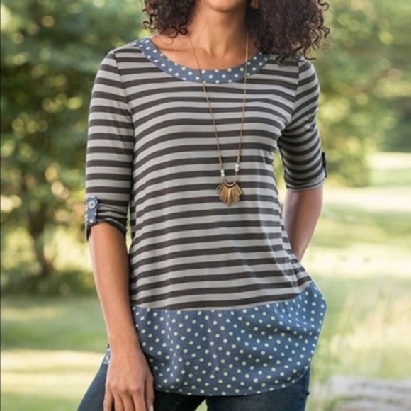 Matilda Jane Size M Top Blue Gray Stripe Polka Dot Let's Get Lost Peplum. - Picture 1 of 11